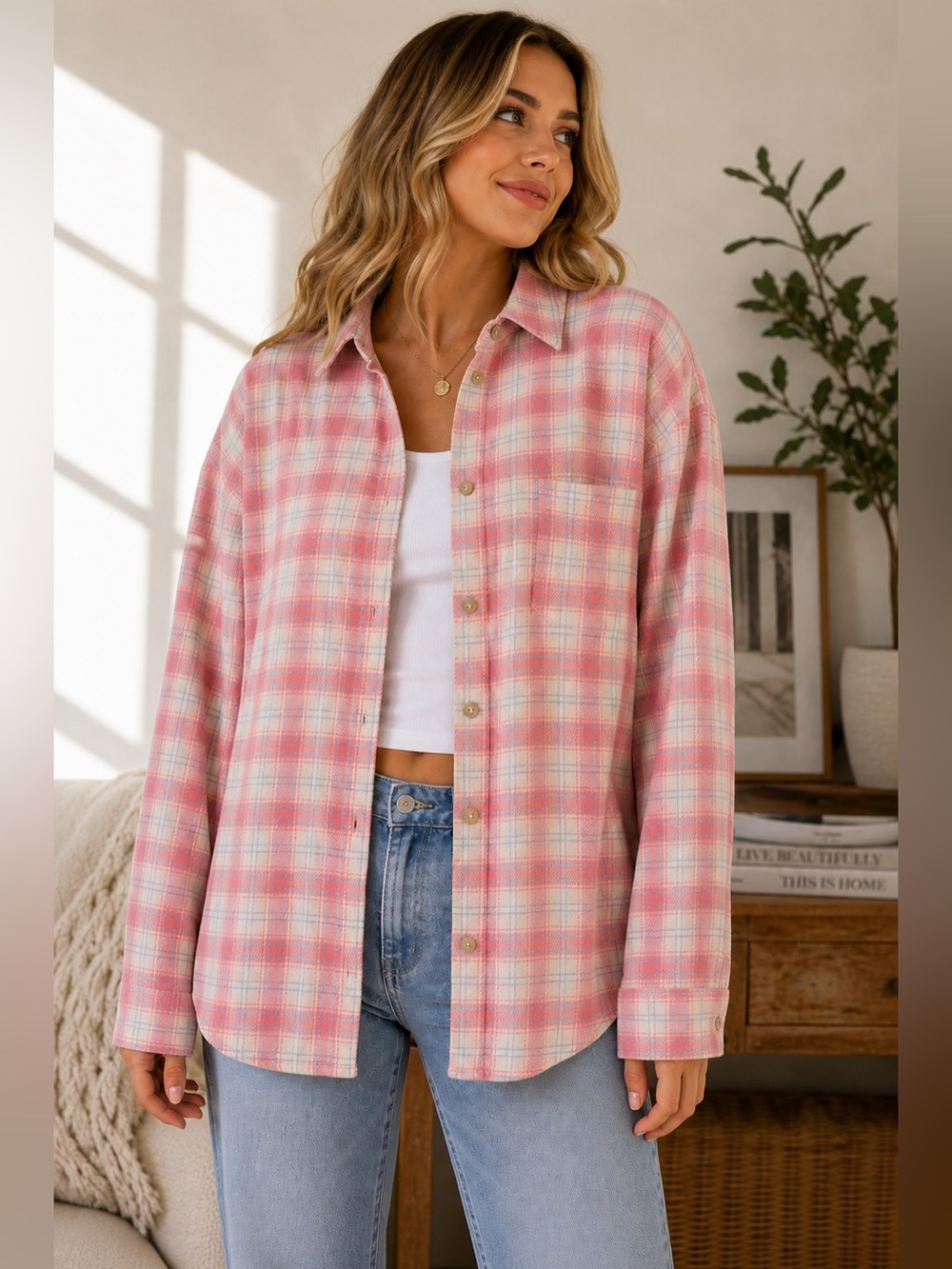 American Eagle Pink Plaid Oversized Flannel Shirt Large NWOT